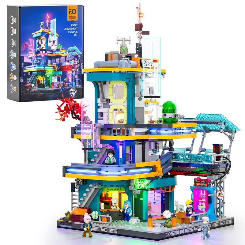 Funwhole Cyberpunk Apartment Lighting Building-Bricks Set - 2524 Pcs Future City Modular Buildings Set Display Idea for Adults and Sci-fi Lovers,Cyberpunk Mansion