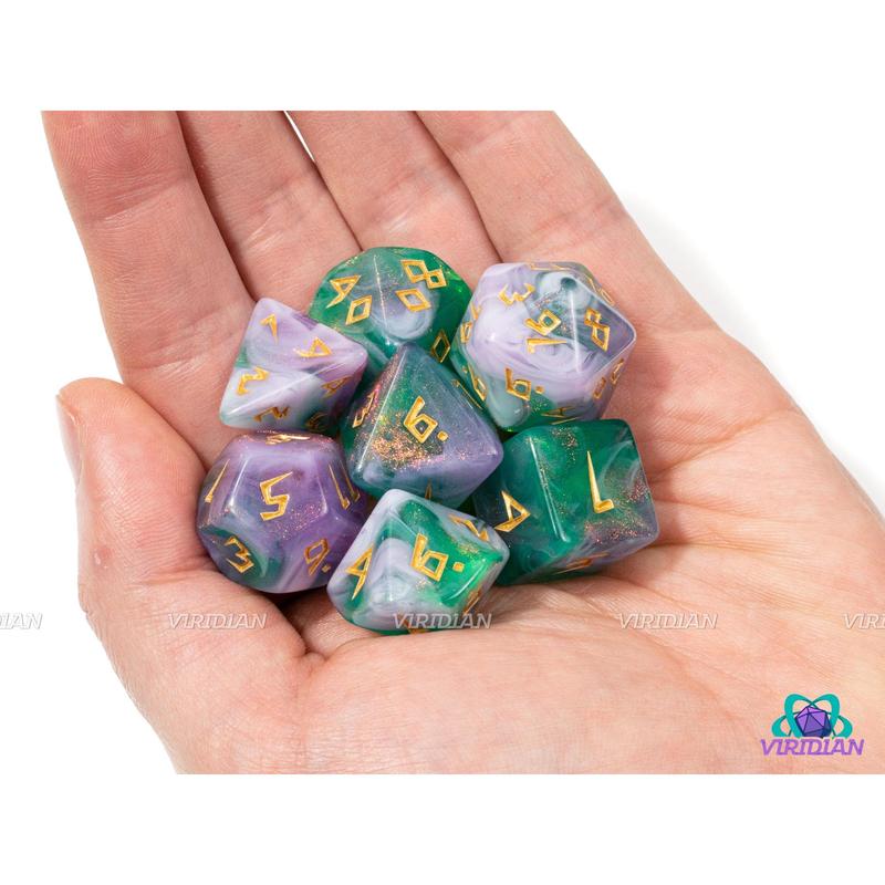 Fairy Runes | Light Purple, White and Green Swirls, Glitter, Runic Font | Acrylic Dice Set (7)