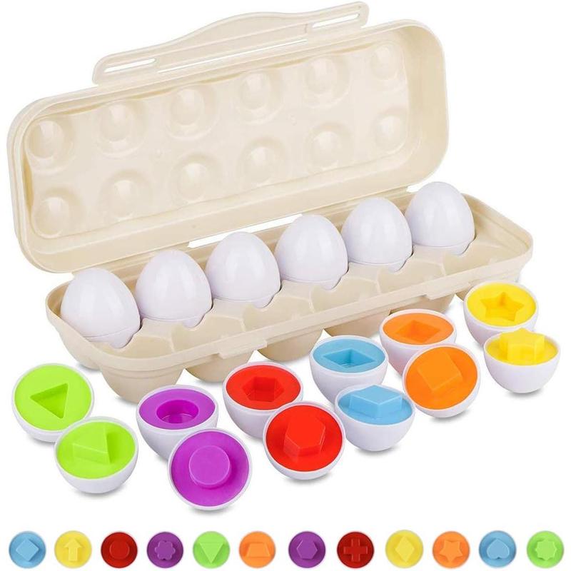 Matching Eggs Set with Beige Eggs Holder, Upgraded  Egg Toys Learning Shapes and Colors Educational Puzzle Sorting Games Improve Motor Skills for Kids Easter Gift, 12 Eggs