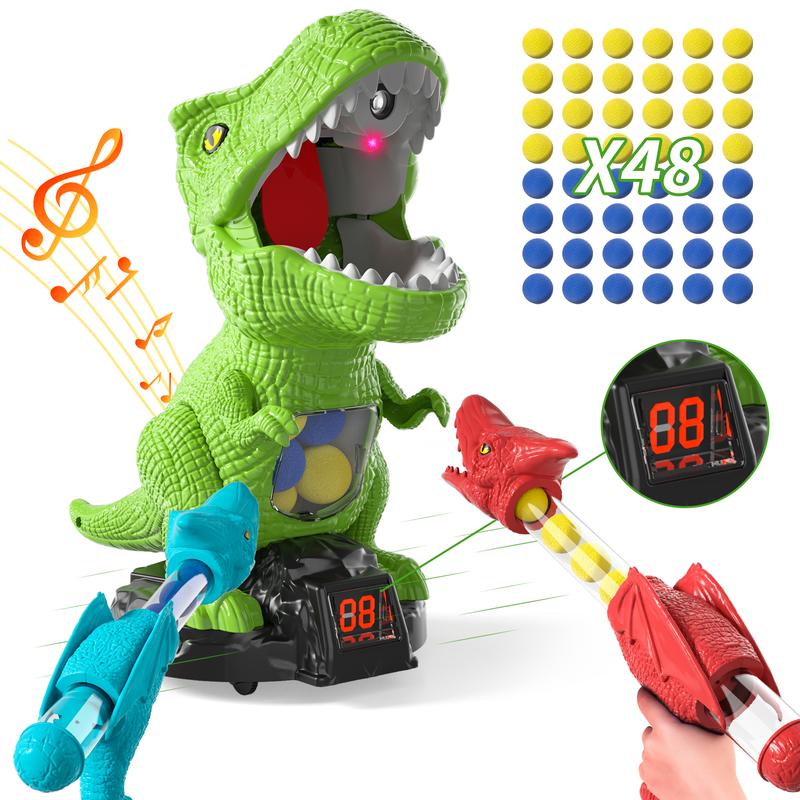 Dinosaur Shooting Toys, Movable Target Shooting Game Dinosaur with 2 Air Pump Blaster and 48 Foam Ball, Score Record, LED & Sound