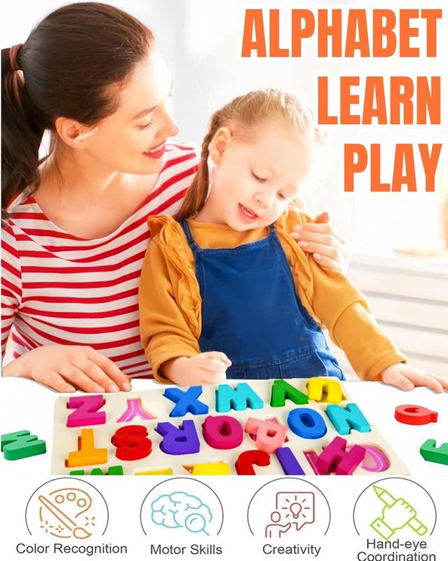 Wooden Puzzles for Toddlers, Alphabet Number Learning Toys ABC Shape Puzzle Wood Montessori Preschool Early Education Learning Toys for Kids Toddlers Girls Boys Kindergarten