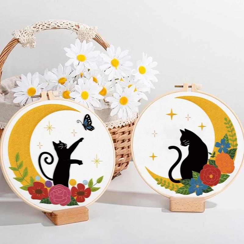 Cat & Moon & Floral Pattern Embroidery Set, 4 Counts set DIY Embroidery Kit, Including Manual, Embroidery Hoop, Embroidery Cloth, Embroidery Needle and Others, Embroidery Supplies for Beginners