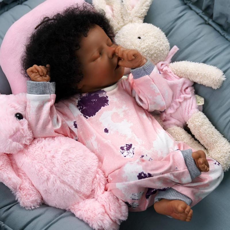 Lifelike Reborn Baby Dolls Black -17Inch Baby-Soft Body & Curls Realistic-Newborn Baby Dolls African American Real Life Baby Dolls Cloth Body with Feeding Kit & Gift Box for Kids Age 3+