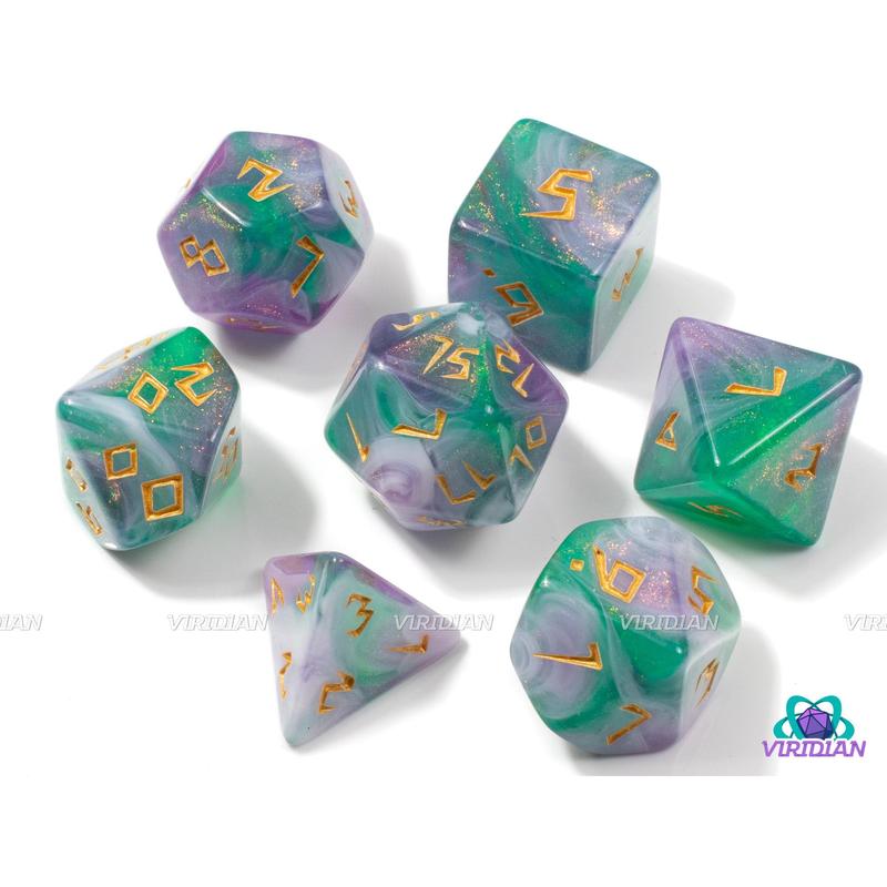 Fairy Runes | Light Purple, White and Green Swirls, Glitter, Runic Font | Acrylic Dice Set (7)