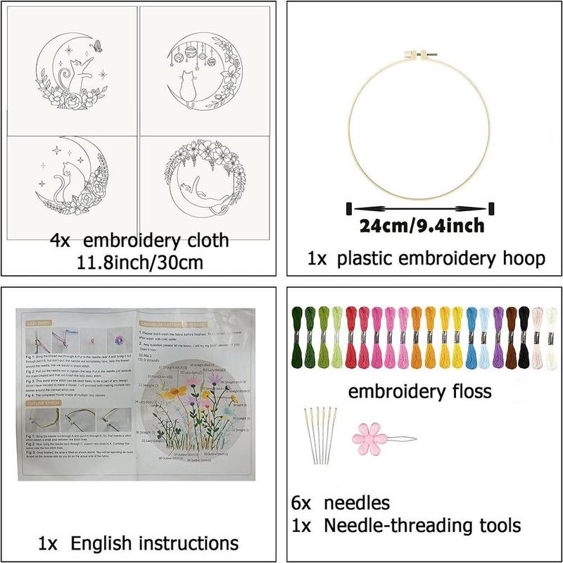 Cat & Moon & Floral Pattern Embroidery Set, 4 Counts set DIY Embroidery Kit, Including Manual, Embroidery Hoop, Embroidery Cloth, Embroidery Needle and Others, Embroidery Supplies for Beginners