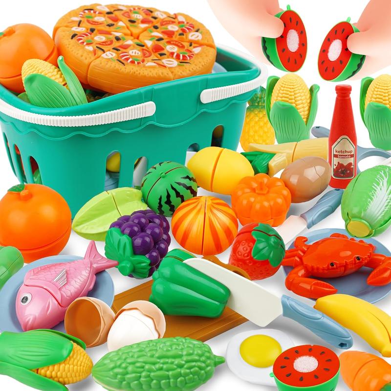 BELLOCHIDDO Play Food - 70PCS Pretend Plastic Fruits & Vegetables & Kitchen Accessories with Basket, Cutting Food Toys- Toy Food Educational Gifts ,Building block toys, play house toys, educational toys，for age 4+