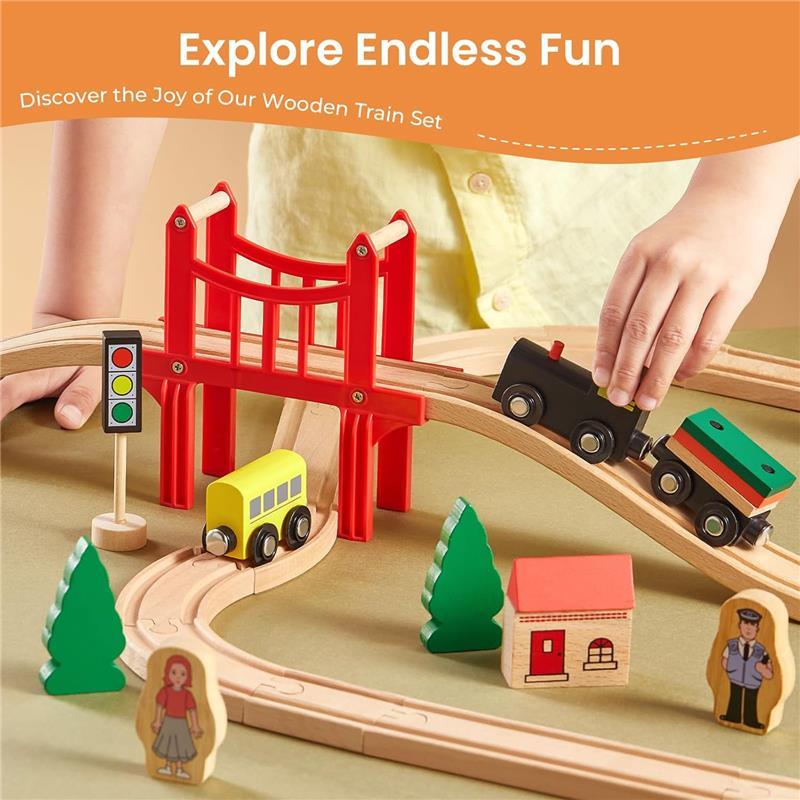 Wooden Train Set for Toddlers 39 Pcs with Tracks, Compatible with Thomas, Brio, Chuggington, Melissa Doug Expandable Train Toy for Boys Girls Ages 3-5