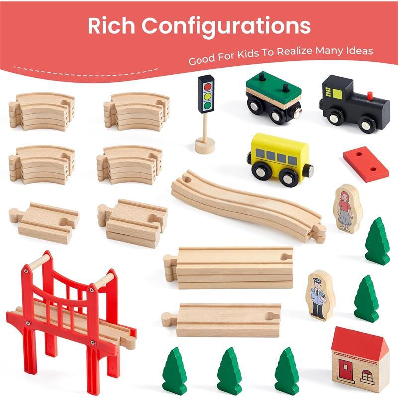 Wooden Train Set for Toddlers 39 Pcs with Tracks, Compatible with Thomas, Brio, Chuggington, Melissa Doug Expandable Train Toy for Boys Girls Ages 3-5