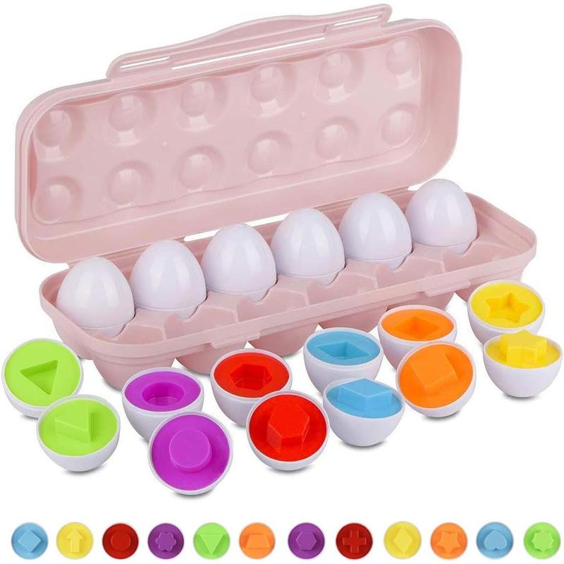 Matching Eggs Set with Beige Eggs Holder, Upgraded  Egg Toys Learning Shapes and Colors Educational Puzzle Sorting Games Improve Motor Skills for Kids Easter Gift, 12 Eggs