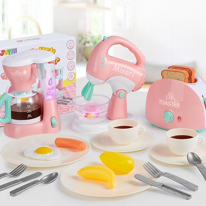 Christmas 2024 Gifts Pretend Kitchen Toys, Play Kitchen Accessories Set for Kids, Coffee Maker, Mixer, Toaster with Realistic Lights& Sounds, Kitchen Appliances Toys, Birthday Gift for Kids