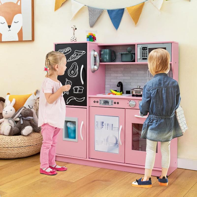 [ShopTab] Black Friday Pretend Kids Kitchen Playset, Wooden Kitchen Toy Set w Blackboard, Telephone, Microwave, Ice Maker, Dishwasher & Oven, Pretend Play Kitchen