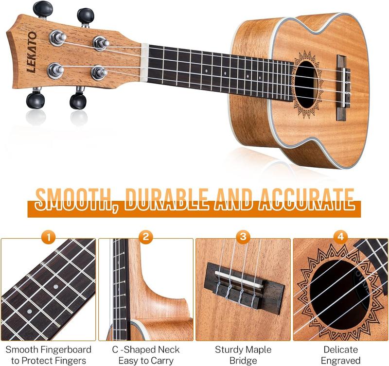 LEKATO Ukulele Concert Mahogany 23 inch Ukelele Bundle for Beginners Adults Professional Nylon String Wooden Hawaiian Starter Uke Kit