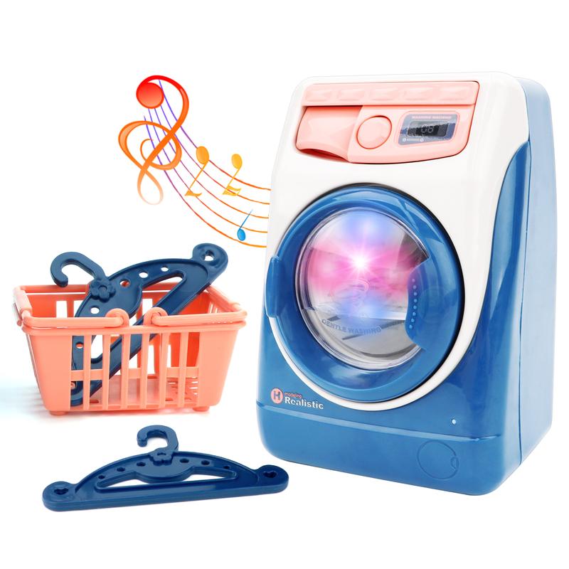 deAO Washing Machine Toy Dollhouse Furniture Pretend Play Household Appliance Realistic Sounds with Lights Laundry Play Set with Rotatable Roller for Birthday Present