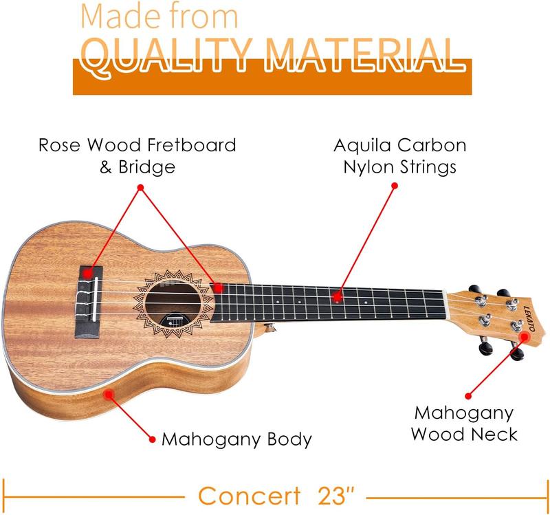 LEKATO Ukulele Concert Mahogany 23 inch Ukelele Bundle for Beginners Adults Professional Nylon String Wooden Hawaiian Starter Uke Kit