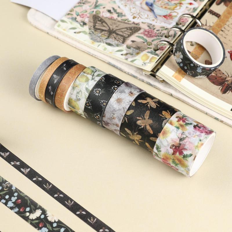 Decorative Paper Tapes, 10pcs set Floral Pattern Hand Ledger Material Stickers, For DIY Crafting Projects