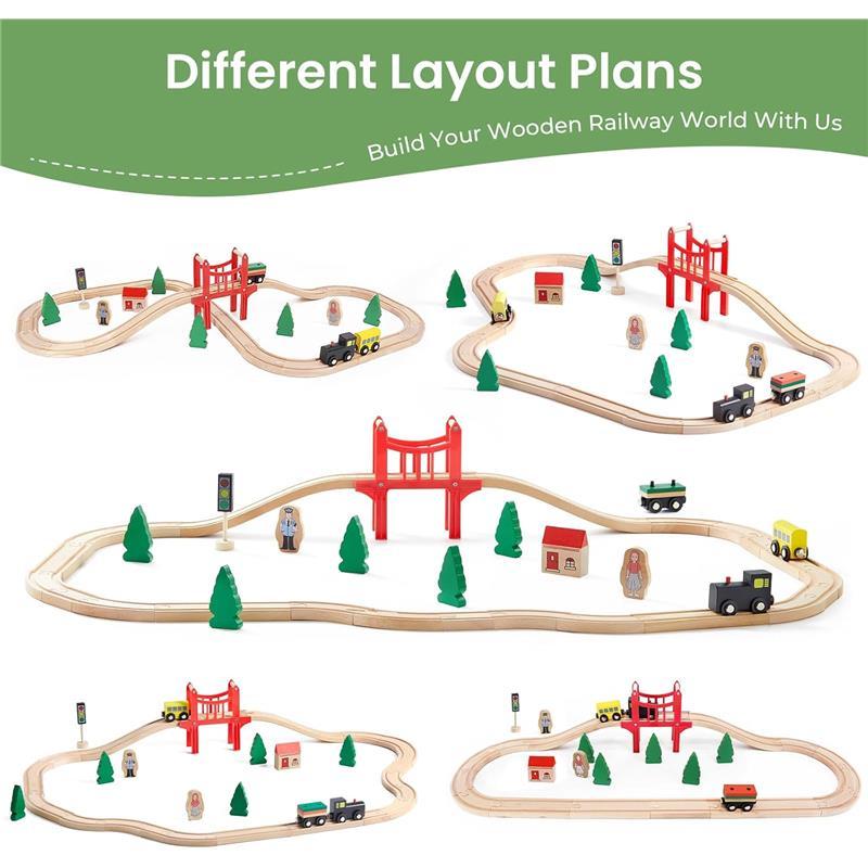 Wooden Train Set for Toddlers 39 Pcs with Tracks, Compatible with Thomas, Brio, Chuggington, Melissa Doug Expandable Train Toy for Boys Girls Ages 3-5