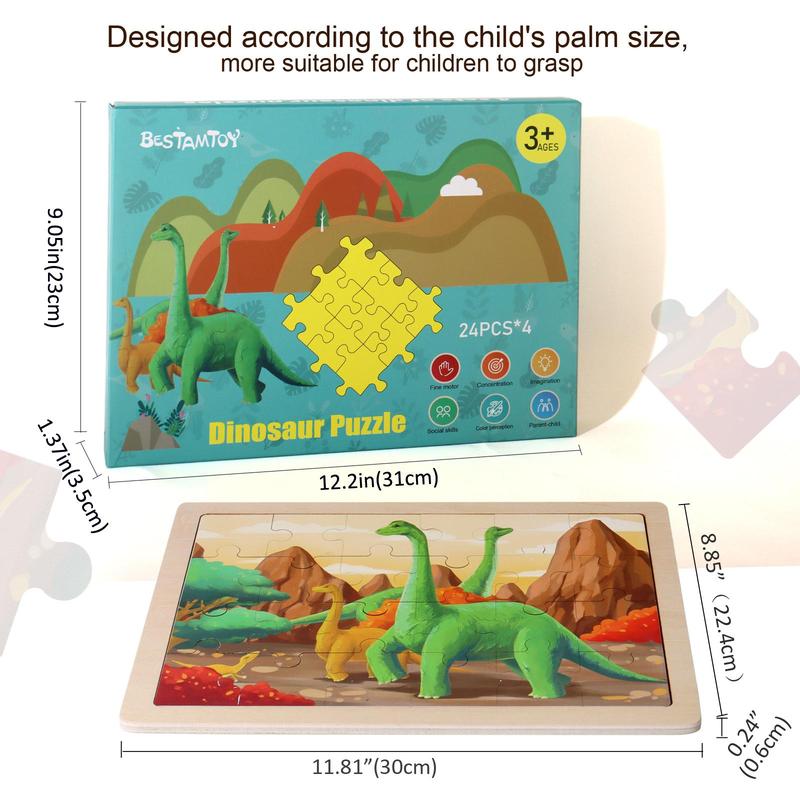 Dinosaur Pattern Wooden Jigsaw Puzzle (4pcs set), Educational Puzzle Toy for Kids, Preschool Early Learning Puzzle Game for Children