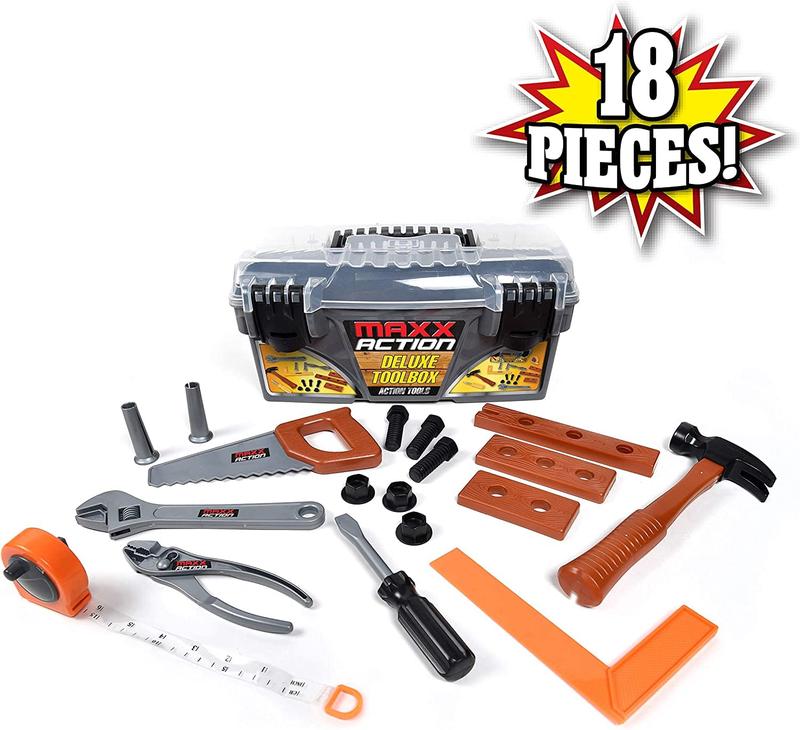 Maxx Action 18 Piece Deluxe Tool Box – Construction Playset with Tape Measure and More Tools | Pretend Play Toy Set for Kids