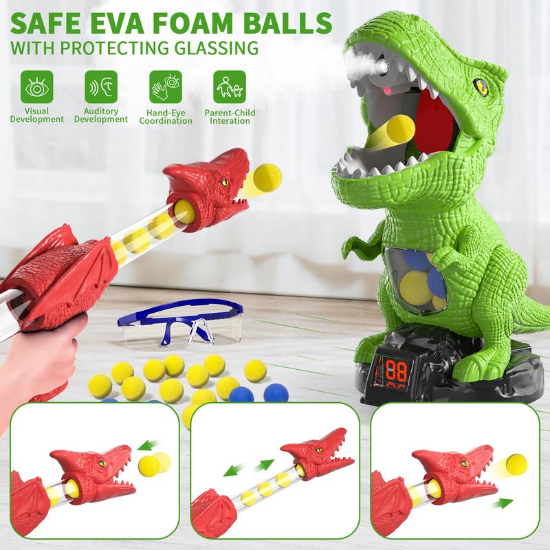 Dinosaur Shooting Toys, Movable Target Shooting Game Dinosaur with 2 Air Pump Blaster and 48 Foam Ball, Score Record, LED & Sound