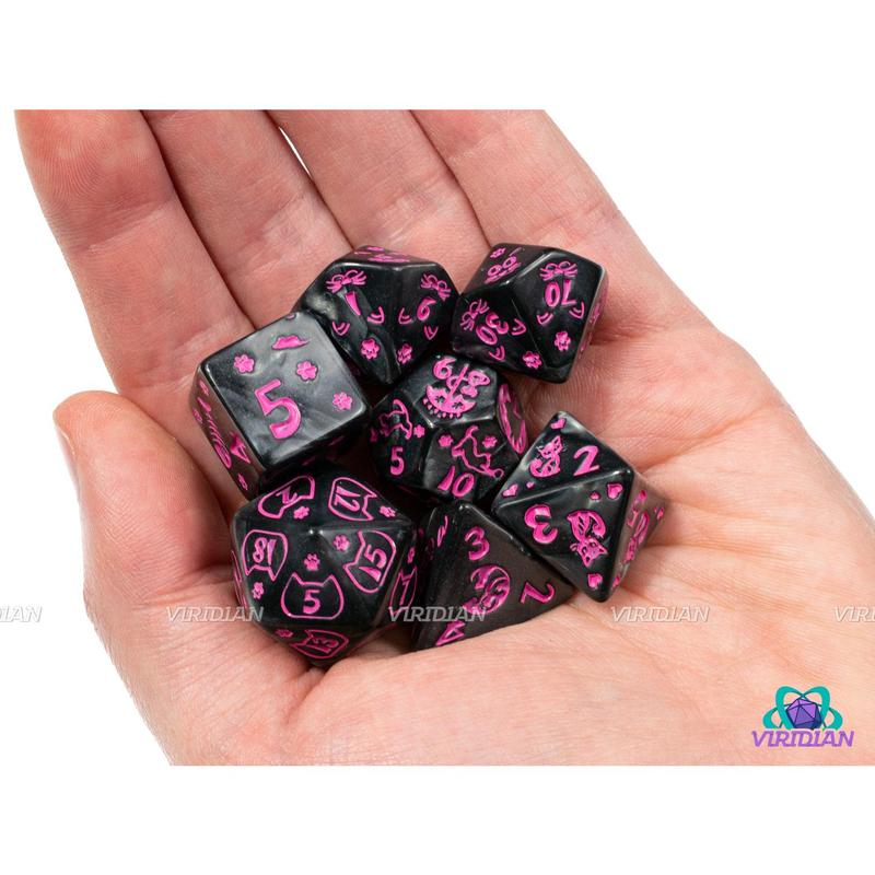 Punk Rock Kitty | Pearled Black, Pink Ink, Cat Themed | Acrylic Dice Set (7)