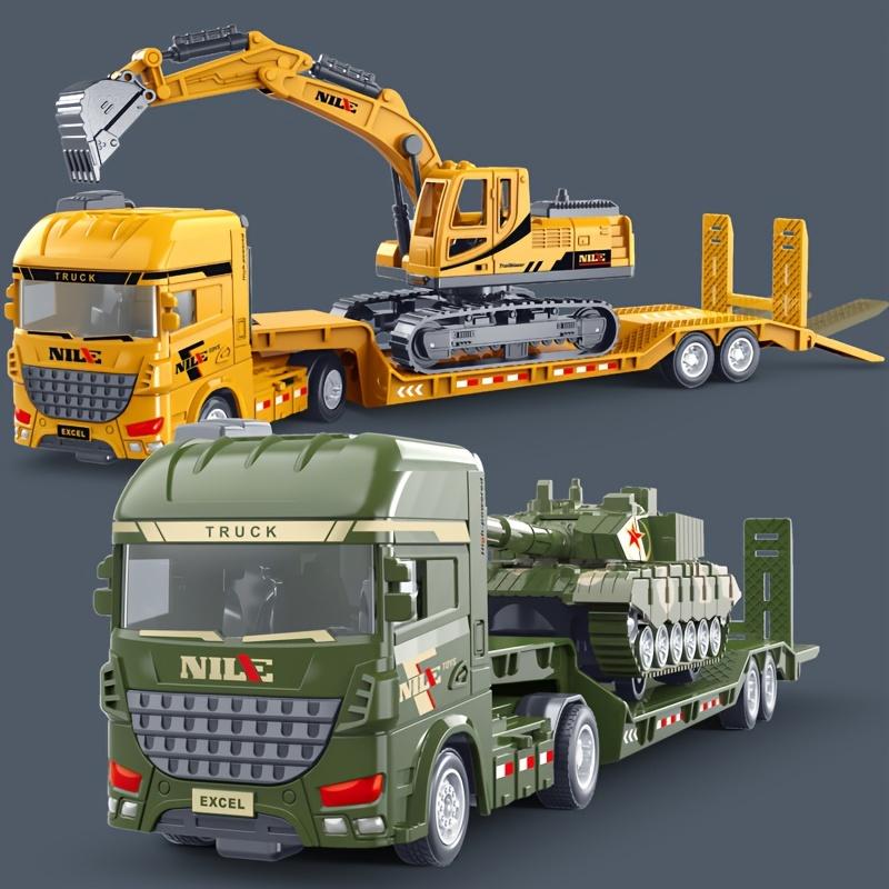 2 Large Inertia Toy Trucks Set - Manual Push Power, Excavator, Military Tank, Educational Engineering Playset with Transport Trailers for Kids Aged 3-6 Years, Develops Fine Motor Skills, Encourages Imaginative Play and Learning