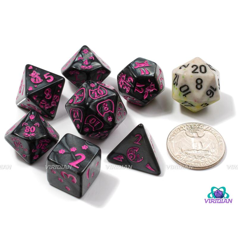 Punk Rock Kitty | Pearled Black, Pink Ink, Cat Themed | Acrylic Dice Set (7)