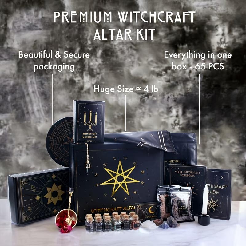 65 PCS Witchcraft Supplies Kit - Large Witch Altar Starter Spell Set for Beginners, Unscented Wiccan Supplies and Tools