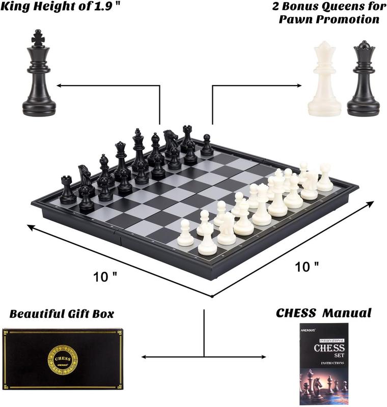 AMEROUS 10 Inches Magnetic Chess Set with Folding Board for Beginners, Kids and Adults - Includes 2 Extra Queens and Storage for Pieces