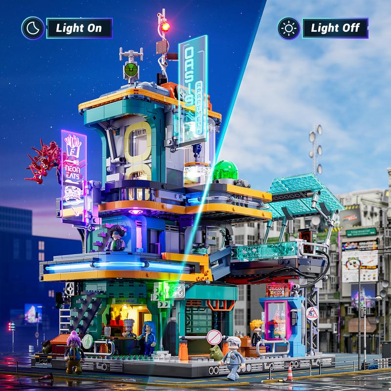 Funwhole Cyberpunk Apartment Lighting Building-Bricks Set - 2524 Pcs Future City Modular Buildings Set Display Idea for Adults and Sci-fi Lovers,Cyberpunk Mansion