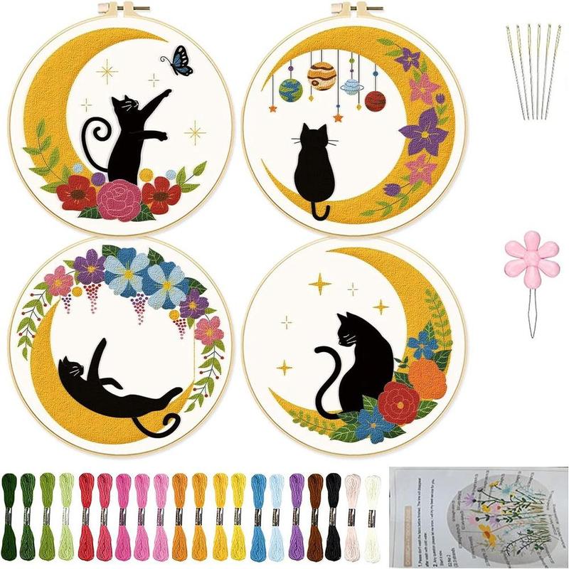 Cat & Moon & Floral Pattern Embroidery Set, 4 Counts set DIY Embroidery Kit, Including Manual, Embroidery Hoop, Embroidery Cloth, Embroidery Needle and Others, Embroidery Supplies for Beginners