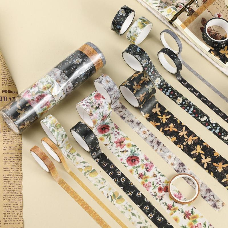 Decorative Paper Tapes, 10pcs set Floral Pattern Hand Ledger Material Stickers, For DIY Crafting Projects