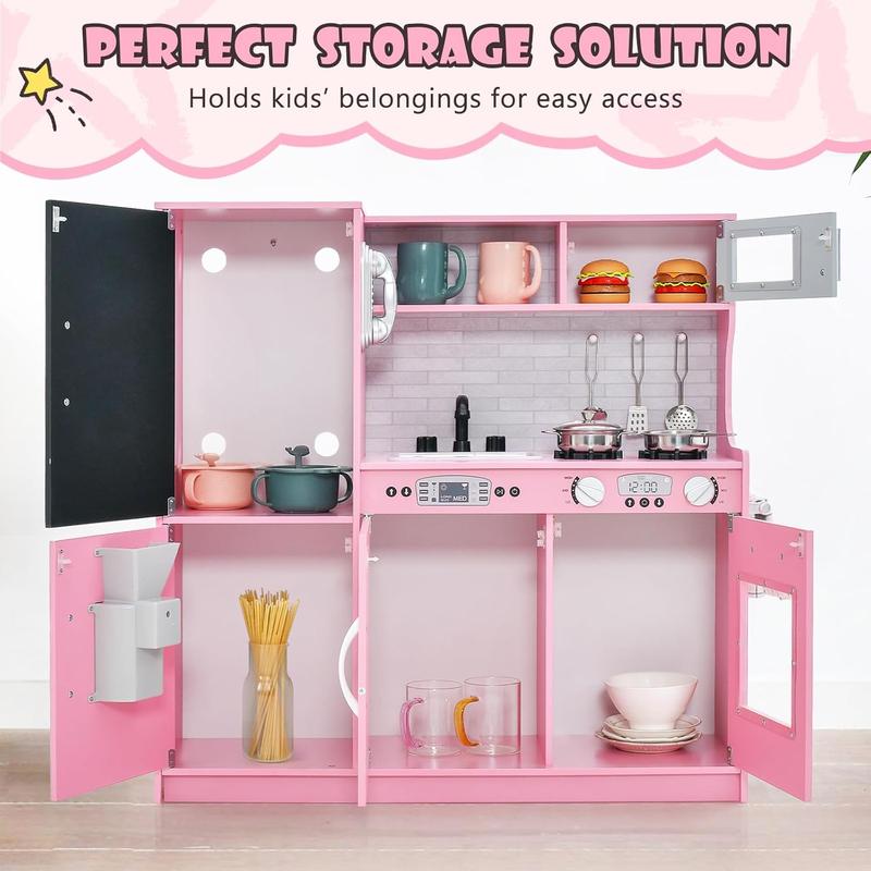 [ShopTab] Black Friday Pretend Kids Kitchen Playset, Wooden Kitchen Toy Set w Blackboard, Telephone, Microwave, Ice Maker, Dishwasher & Oven, Pretend Play Kitchen