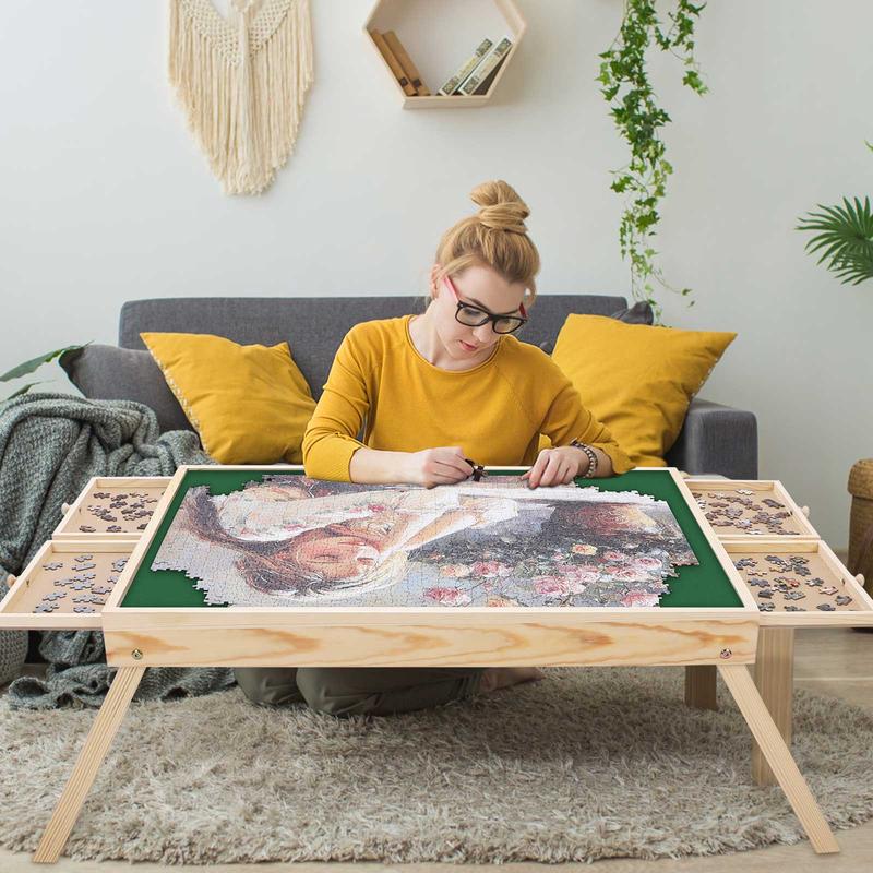 1500 Pieces Wooden Jigsaw Folding Puzzle Baord, Puzzle Table with Legs and Protective Cover, 35'' × 27'' Jigsaw Puzzle Board with 6 Drawers & Cover, Portable Puzzle Tables for Adult