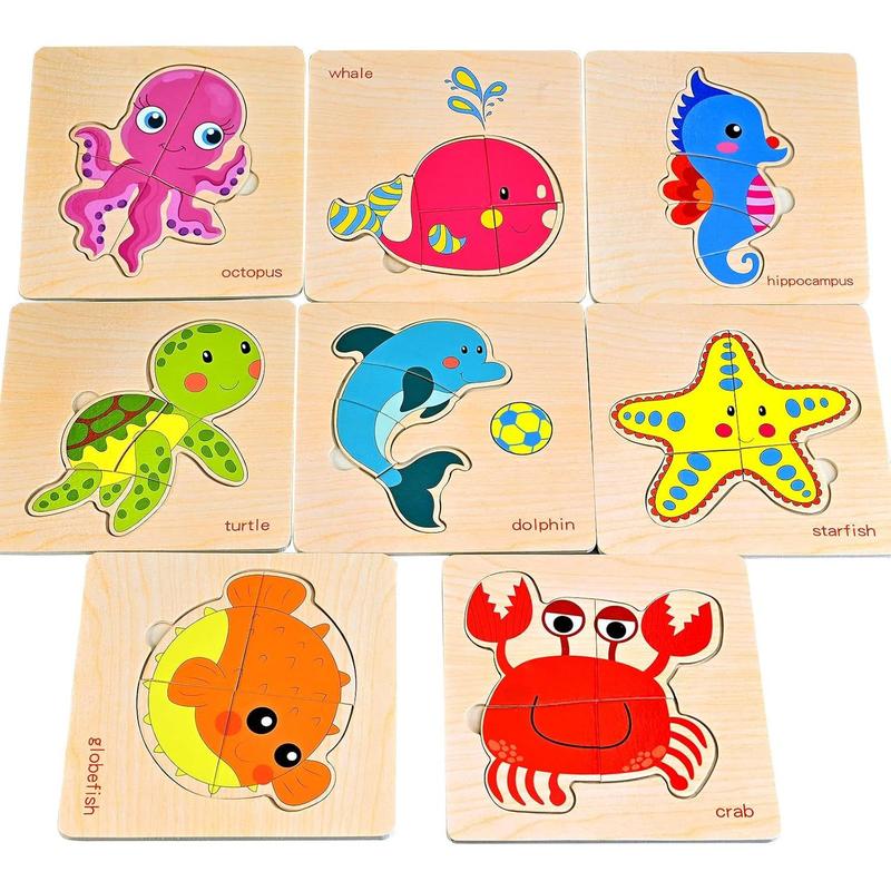 8Pcs Wooden Puzzles For Toddlers 1-3, Toddler Puzzles Ages 2-4, Montessori Toys For 1-3+ Years Girl Boy, Sea Animal Puzzle For Kids, Jigsaw Puzzles Educational Toys Preschool Puzzles For 1-3