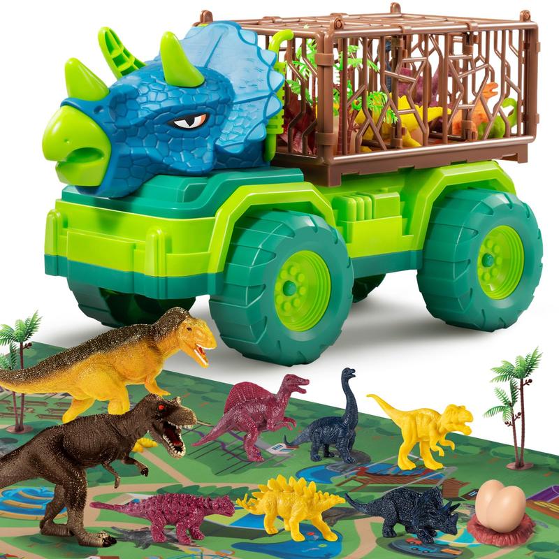 Dinosaur Truck Toys , Tyrannosaurus Transport Car Carrier Truck with 8 Dino Figures, Activity Play Mat, Dinosaur Eggs, Trees, Capture Jurassic Play Set for