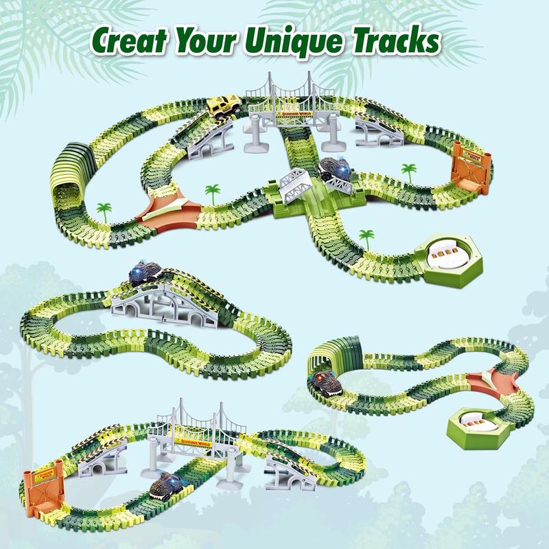 Wesprex Dinosaur Race Track Toy Set 288 PCS, Flexible Track Playset w  240 Tracks, 1 Dinosaur Car, 1 Race Car, 1 Drawbridge, 1 Tunnel, Create A Dino Track, Dinosaur Toy Gift for Kids Boys Girls Age 3+