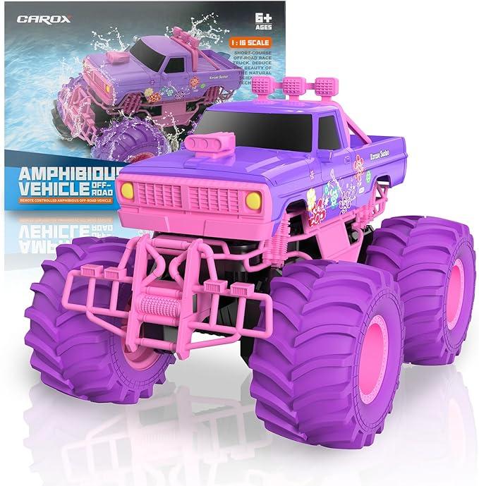 Carox1:16Scale Amphibious RC Car Boat,2.4GHz Waterproof RC Truck (For Girls),4WD All Terrain Off-Road Vehicle,Pool Toy with Rechargeable Battery(Pink)