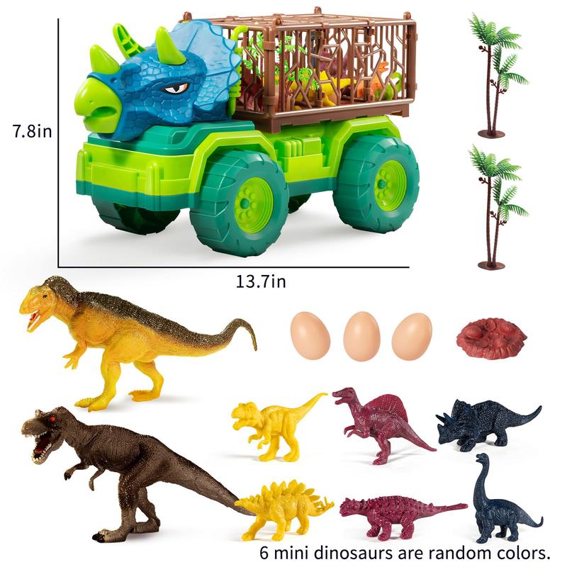 Dinosaur Truck Toys , Tyrannosaurus Transport Car Carrier Truck with 8 Dino Figures, Activity Play Mat, Dinosaur Eggs, Trees, Capture Jurassic Play Set for