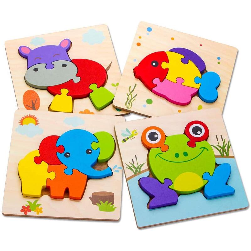 4 Pack Well-polished Wooden Puzzles Animals Jigsaw Puzzles Toys, Montessori Educational Toys Gifts for Kids