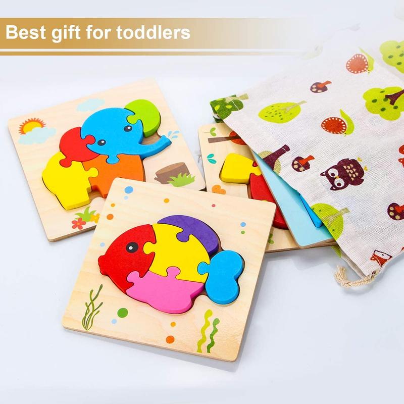 4 Pack Well-polished Wooden Puzzles Animals Jigsaw Puzzles Toys, Montessori Educational Toys Gifts for Kids