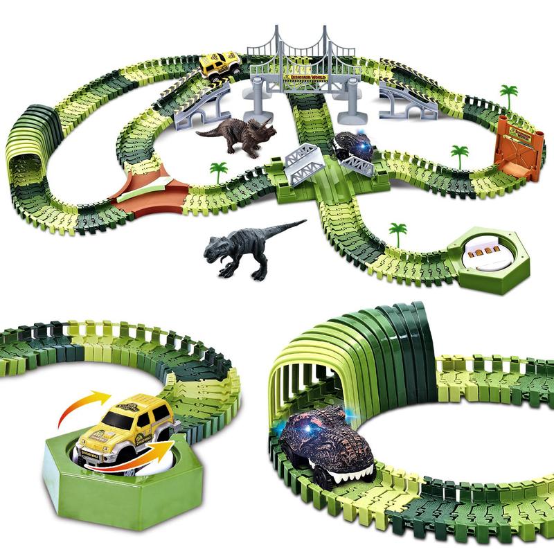 Wesprex Dinosaur Race Track Toy Set 288 PCS, Flexible Track Playset w  240 Tracks, 1 Dinosaur Car, 1 Race Car, 1 Drawbridge, 1 Tunnel, Create A Dino Track, Dinosaur Toy Gift for Kids Boys Girls Age 3+