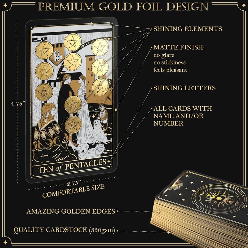 Wyspell Classic Tarot Cards with Guide Book - 78 Gold Tarot Cards for Beginners Tarot Cards Set - Black Tarot Decks with Guidebook - Original Tarot Cards Deck - Tarot Deck with Guidebook