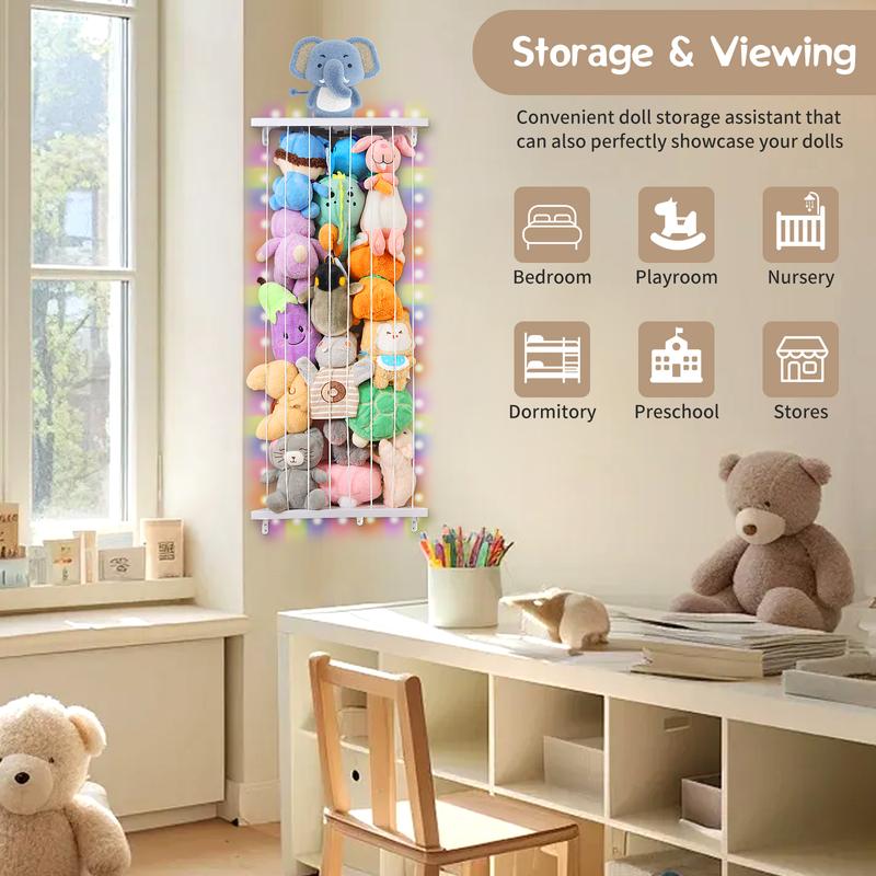 Stuffed Animals Storage with LED Light Corner Toy Storage Organizer Wood Stuffed Animals Hammock Length Adjustable Stuffed Animals Holder for Nursery Kids Playroom Bedroom, Rainbow