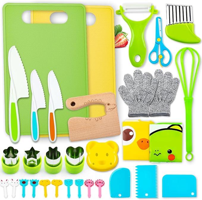 13 17 28 Counts Montessori Cooking Set:Safe Culinary Tools For Kids,Foster Skills And Fun,Baking Toy Toddlers Wooden Knives With Cutting Board Fruit Vegetable Crinkle Cutter y Peeler Sandwich Cutters,Realistic Play Food Set,Pretend Play Sets for Girls