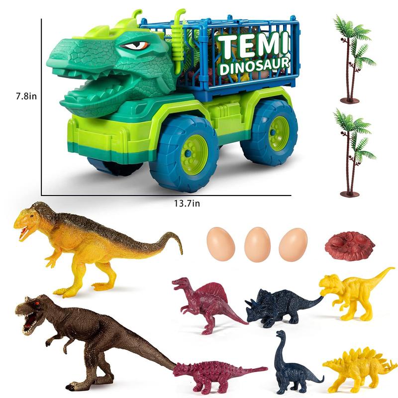 Dinosaur Truck Toys , Tyrannosaurus Transport Car Carrier Truck with 8 Dino Figures, Activity Play Mat, Dinosaur Eggs, Trees, Capture Jurassic Play Set for