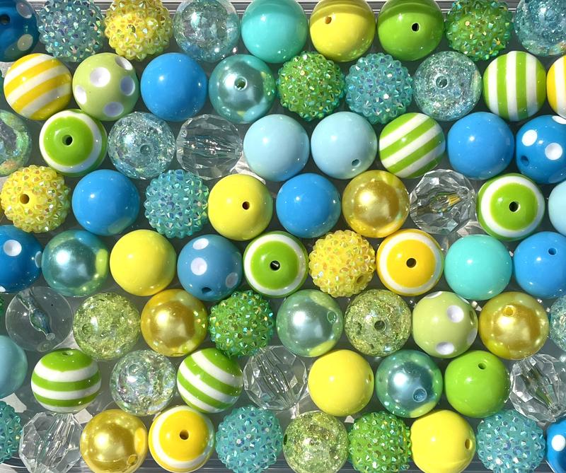 Spring Mix - 20mm Bubble Gum Bead Mixes, Blue, Green and Yellow Chunky Bead Mixes