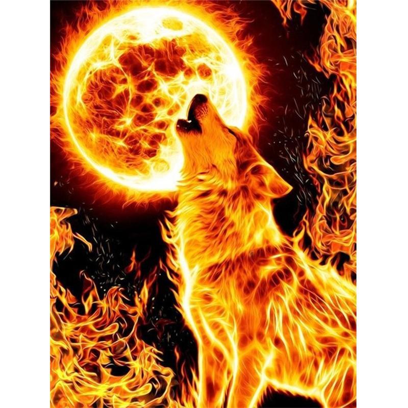 DIY Wolf Moon Pattern Artificial Diamond Unframed Painting, 1 Set Fire Wolf Moon Artificial Diamond Art Kit, Room Decor, Summer Gift