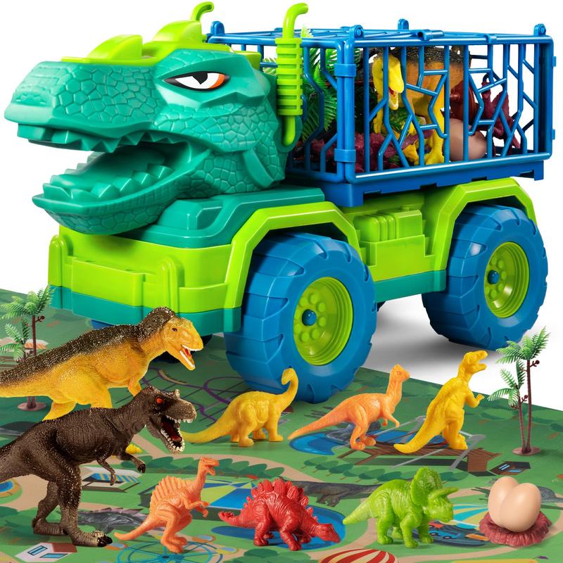 Dinosaur Truck Toys , Tyrannosaurus Transport Car Carrier Truck with 8 Dino Figures, Activity Play Mat, Dinosaur Eggs, Trees, Capture Jurassic Play Set for