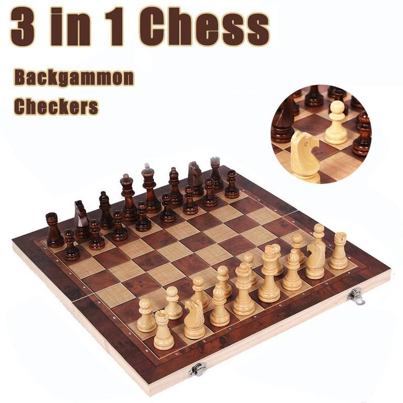 Wooden Chess Set, 1 Set 3 In 1 Chess Game, Checkers Backgammon Set, Classic Chess Pieces Board Case, Board Game for Family, Friends, Adults, Christmas Gift