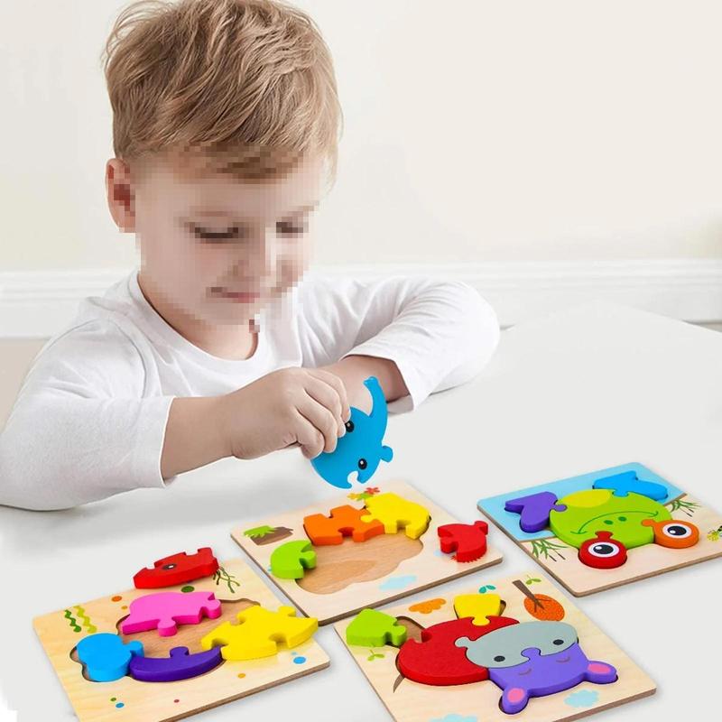 4 Pack Well-polished Wooden Puzzles Animals Jigsaw Puzzles Toys, Montessori Educational Toys Gifts for Kids